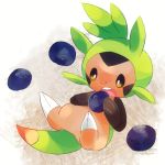  1:1 2020 ambiguous_gender berry brown_background brown_body brown_eyes chespin claws digital_media_(artwork) eating food fruit green_body looking_down lying nintendo open_mouth pink_nose plant pok&eacute;mon pok&eacute;mon_(species) simple_background solo teeth video_games white_background zoroa553 