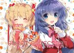  2girls :d ^_^ ahoge asahina_yori blonde_hair blue_eyes blue_hair blush bow bowtie capelet closed_eyes commentary_request company_connection cover cover_page crepe crossover doujin_cover dress drop_shadow eating english_text eyes_visible_through_hair facing_viewer floral_background food hair_between_eyes hair_intakes hair_ornament hair_ribbon hands_up happy holding holding_crepe holding_food index_finger_raised kamikita_komari kanon key_(company) little_busters! little_busters!_school_uniform long_hair long_ribbon looking_at_viewer minase_nayuki multiple_girls open_mouth pink_bow pink_bowtie red_dress red_ribbon ribbon school_uniform short_hair sidelocks simple_background sleeves_past_wrists smile star_(symbol) star_hair_ornament straight_hair sweater teeth two_side_up upper_body upper_teeth_only very_long_hair white_background white_capelet yellow_sweater 