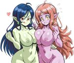  2girls blue_hair blush bocodamondo breast_press breasts chronoa commission commissioner_upload dragon_ball dragon_ball_heroes earrings green_nipples green_skin hand_on_hip jewelry large_breasts light_brown_hair long_hair looking_at_viewer multiple_girls nipples no_bra no_panties pink_skin pointy_ears red_eyes robelu smile thick_thighs thighs tongue tongue_out yellow_eyes 