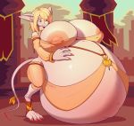  2020 4_fingers anthro areola belly big_belly big_breasts blonde_hair blue_eyes breasts burmecian claws clothed clothing dawmino detailed_background digital_media_(artwork) female final_fantasy final_fantasy_ix fingers freya_crescent hair hand_on_stomach hi_res hyper hyper_belly hyper_pregnancy mammal murid murine nipples outside overweight pregnant rat rodent solo square_enix standing video_games 