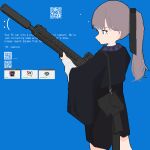  1girl absurdres ar-15 bag black_dress black_jacket black_ribbon blue_background blue_screen_of_death blunt_bangs clip_studio_paint commentary dress english_commentary escape_from_tarkov feet_out_of_frame grey_hair gun hair_ribbon hayasabro highres holding holding_gun holding_weapon icon_(computing) jacket jaggy_lines lapwing_(vrchat) long_sleeves ponytail profile qr_code ribbon rifle shoulder_bag simple_background solo standing suppressor vrchat weapon wide_sleeves 