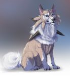  2017 ambiguous_gender blue_eyes brown_body brown_fur canid canine claws digital_media_(artwork) feral fur hi_res inner_ear_fluff lycanroc mammal midday_lycanroc nintendo pawpads paws pink_inner_ear pok&eacute;mon pok&eacute;mon_(species) signature simple_background sitting solo spikes tuft video_games vorpalbeasta white_body white_fur 