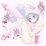  2girls animal_ears balloon blue_hair bow chibi cocoa_681 commentary_request fuzzy_clothes high_heels highres leg_up leg_warmers multiple_girls pink_eyes pink_hair pink_nails playboy_bunny rabbit_ears rabbit_tail ranma-chan ranma_1/2 tail tendou_akane white_background 