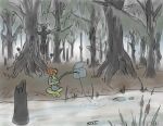 absurd_res amphibian antennae_(anatomy) arm_tuft bog breasts clothing cooler cryptid dim_lighting duo eyelashes female fishing fishing_rod frog green_body green_skin hair hangmoss hi_res orange_hair overalls plant sagging_breasts serth sitting stalking swamp tall tree tuft water westerly_(serth)