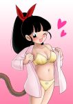  1girl black_eyes black_hair blush bra breasts dragon_ball dragon_ball_heroes heart highres karoine note_(dragon_ball) one_eye_closed open_clothes open_mouth panties pink_shirt shirt smile tail underwear yellow_bra yellow_panties 