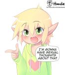  &lt;3 2020 biped blonde_hair blush clothed clothing cute_fangs dialogue digital_media_(artwork) elf english_text finger_gun fully_clothed gesture girly green_clothing green_eyes green_hoodie green_topwear hair half-length_portrait hi_res hoodie hoodie_(artist) humanoid looking_at_viewer male max_(hoodie) meme not_furry open_mouth open_smile portrait reaction_image shaded simple_background smile solo speech_bubble text topwear url white_background 