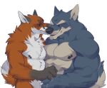  2016 abs anthro biceps black_nipples black_nose canid canine canis chest_tuft claws digital_media_(artwork) duo e-w01f fox fur male mammal muscular muscular_male neck_tuft nipples nude pecs signature simple_background smile tuft wolf 