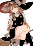  1girl black_legwear black_nails blonde_hair blush bow braid broom broom_riding crossed_legs green_eyes hat kirisame_marisa kneehighs long_hair looking_at_viewer ne_kuro ribbon short_braid side_braid smile solo thighs touhou white_background white_bow white_ribbon witch_costume witch_hat 