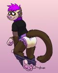  anthro astro_(astro_ferret) bodily_fluids brown_body brown_fur clothed clothing collar diaper domestic_ferret fur furgonomics genital_fluids hi_res looking_back male mammal mustela mustelid musteline pants_down partially_clothed pawpads pink_nose pink_pawpads shirt solo tinyhops topwear urine wardrobe_malfunction wet_diaper wetting 