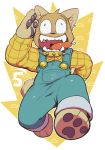  2018 4_fingers anthro black_pawpads bodily_fluids brown_body brown_fur canid canine canis clothing collar domestic_dog drooling fingers full-length_portrait fur hyperactive jyushimatsu_matsuno male mammal mr._osomatsu overalls pawpads plaid plaid_shirt portrait running saliva sharp_teeth simple_background solo spiked_collar spikes teeth tongue tongue_out yellow_theme ziroro326 