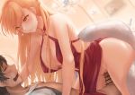  1boy 1girl bangs bar_censor blonde_hair blush breasts censored dress girl_on_top girls_frontline hetero large_breasts long_hair mingke open_mouth orange_eyes ots-14_(girls_frontline) parted_lips penis red_dress sex solo_focus vaginal 