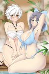  2girls bikini blue_bikini blue_eyes blush bow bow_bikini breasts curvy flip-flops grey_hair hair_bow large_breasts leaf lindaroze looking_at_viewer miyabi_(senran_kagura) multiple_girls o-ring o-ring_bikini plant sandals sauna senran_kagura smile steam swimsuit thighs white_bikini white_hair yellow_eyes yumi_(senran_kagura) 