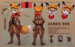  anthro bandanna belt canid canine clothing english_text eyewear facial_markings fox fur gloves goggles goggles_on_head green_eyes handwear head_markings hi_res james_fox jamesfoxbr male mammal markings model_sheet orange_body orange_fur pilot smile smiling_at_viewer solo teeth text vintage 