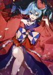  1girl :d alternate_costume aqua_hair asa_no_ha_(pattern) bare_legs blue_choker blue_eyes blue_kimono choker commentary cowboy_shot dutch_angle eyebrows_visible_through_hair floral_print hair_between_eyes hair_ornament hair_stick highres hololive hoshimachi_suisei idenshi_kumikae_(kabe_choron) japanese_clothes kimono looking_at_viewer medium_hair open_mouth parody saga_jihen side_ponytail smile solo star_(symbol) star_choker star_in_eye symbol_in_eye thighs virtual_youtuber zombie_land_saga 