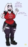 anthro belt big_breasts boots bovid breasts caprine cleavage clothed clothing collar ear_piercing english_text female footwear fur goat hi_res lemondude makeup mammal piercing punk simple_background solo spiked_collar spikes text thick_thighs toriel undertale video_games white_body white_fur 