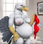 2026 5_fingers anthro areola artist_name avian beak bed bedroom belly big_breasts bird blue_eyes bra breasts california_gull clothing dialogue english_text eyebrows eyelashes eyewear feathers female fingers furniture gale_featherbeak genitals glasses grey_body grey_feathers gull hi_res holding_bra holding_clothing holding_object holding_underwear innie_vulva inside lari larid looking_at_viewer navel nipple_dip nipples nude open_beak open_mouth open_smile outie_navel plump_labia pregnant scutes smile solo standing text truegrave9 underwear vulva wearing_glasses white_areola white_body white_feathers white_nipples