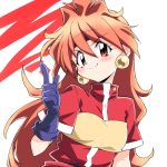  1girl bangs black_gloves black_headband closed_mouth commentary earrings eyebrows_visible_through_hair gloves head_tilt headband highres index_finger_raised jewelry lina_inverse long_hair looking_at_viewer orange_hair red_eyes red_shirt shirt short_sleeves slayers smirk solo take_shinobu upper_body 