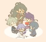  5boys ^_^ ahoge amami_rantaro arm_belt barefoot belt black_eyes black_jacket black_pants black_scarf black_shoes blazer blue_shirt blush_stickers brown_jacket brown_pants brown_suit bug_cage business_suit chain checkered_clothes checkered_scarf chibi closed_eyes closed_mouth coat collared_coat collared_jacket collared_shirt commentary_request crossed_ankles curious danganronpa_(series) danganronpa_v3:_killing_harmony dark-skinned_male dark_skin dress_pants dress_shoes eyelashes flame_print glasses gokuhara_gonta green_hair green_necktie grey-framed_eyewear grey_hair grey_pants hair_between_eyes hand_on_lap hand_on_own_chin hand_on_own_head handheld_game_console happy high_collar hitofutarai holding holding_handheld_game_console jacket jewelry kneeling lapel_pin lapels long_hair long_sleeves looking_at_object male_focus messy_hair momota_kaito multiple_belts multiple_boys necktie nervous nintendo_ds notched_lapels oma_kokichi open_belt open_clothes open_coat open_jacket open_mouth orange_background pants pendant pinstripe_jacket pinstripe_pants pinstripe_pattern playing_games print_shirt purple_coat purple_hair purple_pants round_eyewear saihara_shuichi scarf shirt shoes short_hair simple_background sitting sneakers solid_oval_eyes spiked_hair standing striped_clothes striped_shirt suit sweatdrop thigh_belt thigh_strap two-tone_scarf undershirt vertical-striped_sleeves very_long_hair white_belt white_jacket white_pants white_scarf white_shirt 