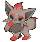  2017 alpha_channel ambiguous_gender black_inner_ear black_nose blue_eyes blush canid canine eyelashes feral foxlett fur grey_body grey_fur mammal markings nintendo pok&eacute;mon pok&eacute;mon_(species) red_body red_fur red_markings simple_background smile solo toes transparent_background tuft video_games zorua 