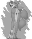 4_toes anthro butt canid canine claws deviantchump female fox greyscale hi_res krystal looking_back mammal monochrome nintendo nude pawpads rear_view solo star_fox tailband toe_claws toes video_games 