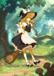  1girl apron black_footwear black_skirt black_vest blonde_hair bobby_socks bow braid broom buttons forest full_body grass hair_bow hand_on_hip hat hat_bow hidari_(left_side) kirisame_marisa long_hair looking_at_viewer mary_janes mushroom nature puffy_short_sleeves puffy_sleeves red_bow shoes short_sleeves side_braid single_braid skirt socks solo touhou tree vest waist_apron white_bow white_legwear witch_hat yellow_eyes 
