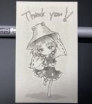  1girl animal_print barefoot closed_mouth commentary_request deformed frilled_skirt frills frog_print full_body hair_ribbon hat leg_up long_hair long_sleeves looking_at_viewer moriya_suwako photo_(medium) print_skirt print_vest ribbon ribbon-trimmed_sleeves ribbon_trim s.mamiya skirt smile solo thank_you toes touhou traditional_media tress_ribbon vest wide_sleeves 