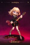  1girl :| absurdres artist_collaboration bang_dream! bang_dream!_it's_mygo!!!!! black_corset black_ribbon black_shoes black_shorts blonde_hair breasts bright_pupils brooch buttoned_cuffs buttons character_name closed_mouth clothing_cutout commentary_request copyright_name corset crescent deformed doloris_(bang_dream!) earrings electric_guitar expressionless figure_(medium) figure_stage floating_hair full_body gears gradient_background grey_socks guitar guitar_strap heel_up highres holding holding_guitar holding_instrument holding_plectrum hzzz instrument jewelry kneehighs legs_apart legwear_garter long_sleeves looking_at_viewer mary_janes medium_breasts medium_hair misumi_uika music neck_ruff photo_(medium) playing_guitar playing_instrument plectrum purple_eyes red_background ribbon rikka33 schecter_guitar shin_strap shoes shorts shoulder_cutout sleeve_cuffs socks solo standing underbust white_pupils wonder_festival 