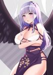  1girl :o absurdres arms_under_breasts azur_lane black_wings blush breast_hold breasts chan&#039;nu cleavage criss-cross_halter dido_(anxious_bisque_doll)_(azur_lane) dido_(azur_lane) dress eyebrows_visible_through_hair feathered_wings hairband halter_dress halterneck highres large_breasts large_wings long_dress long_hair pink_eyes purple_dress purple_hair purple_hairband sleeveless sleeveless_dress solo wings 