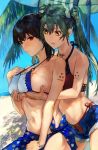  2girls alternate_hairstyle bangs beach bikini blush bracelet braid breast_grab breasts brown_hair closed_mouth day denim denim_shorts fukazaki grabbing grabbing_from_behind groping hair_ornament hair_ribbon highres jewelry kaga_(kantai_collection) kantai_collection large_breasts long_hair multiple_girls necklace o-ring o-ring_bikini open_clothes open_mouth open_shorts outdoors ponytail red_bikini ribbon saliva sarong shell_necklace shorts side-tie_bikini sparkling_eyes swimsuit swimsuit_under_clothes twintails zuikaku_(kantai_collection) 