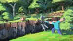  2others absurdres aqua_shirt battle benii21 birch_tree blue_pants bow brown_hair commentary crown falling full_body highres minecraft multiple_others pants pig_(minecraft) plant_roots ravine shirt short_hair short_sleeves skeleton skeleton_(minecraft) stab steve_(minecraft) tree 