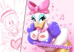  &lt;3 2019 accessory anatid anseriform anthro avian beak big_breasts bird black_eyes blue_clothing blue_eyeshadow blue_shirt blue_topwear breasts cleavage clothed clothing daisy_duck dialogue digital_media_(artwork) disney donald_duck duck duo english_text eyelashes eyeshadow female hair_accessory hair_bow hair_ribbon hat headgear headwear hi_res high-angle_view jewelry kiss_mark lipstick looking_at_viewer makeup male musical_note necklace open_beak open_mouth pink_bow red_lipstick ribbons shirt text topwear zxcv 