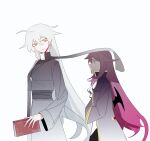  2girls absurdres ahoge alternate_costume alternate_universe black_robe book chinese_commentary coat collared_coat commentary_request couple cross cross_earrings cross_necklace diamond-shaped_pupils diamond_(shape) earrings gradient_background hair_between_eyes head_tilt hendiurendelaodong high_collar highres holding holding_book honkai_(series) honkai_impact_3rd jewelry kiana_kaslana kiana_kaslana_(herrscher_of_the_void) long_hair long_sleeves looking_down looking_to_the_side multiple_girls necklace orange_eyes parted_lips priestess purple_hair robe scarf shade sirin standing symbol-shaped_pupils upper_body vampire walking wavy_hair white_background white_hair wide_sleeves wings yuri 