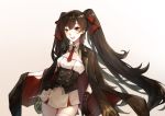  1girl absurdres black_hair cleavage_cutout girls_frontline gloves hair_ribbon hei_chuan_gui highres long_hair necktie qbz-97_(girls_frontline) red_eyes ribbon signature skirt solo twintails 