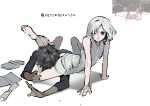  2boys absurdres androgynous bags_under_eyes black_eyes black_hair curly_hair dark-skinned_male dark_elf dark_skin dungeon_meshi elf gapamopa grey_hair head_between_thighs highres holding kabru lazy_eye long_sleeves male_focus mithrun multiple_boys pointy_ears reference_inset scissorhold short_hair tokyo_joshi_pro_wrestling wavy_hair wrestling 