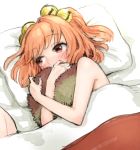  2girls arms_up bell blush commentary_request futatsuiwa_mamizou hair_bell hair_ornament looking_at_another lying meimaru_inuchiyo motoori_kosuzu multiple_girls on_side orange_hair pillow raccoon_tail red_eyes short_hair solo_focus tail tail_hug topless touhou under_covers upper_body yuri 