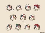  1girl :q bangs beret blonde_hair blue_hair blush brown_background brown_headwear chibi closed_mouth commandant_teste_(kantai_collection) eyebrows_visible_through_hair green_headwear hair_ornament hat kantai_collection kurohiruyume long_hair low-tied_long_hair mask mask_on_head multicolored_hair multiple_views open_mouth pom_pom_(clothes) ponytail red_hair red_headwear simple_background smile streaked_hair sun_hat tongue tongue_out translation_request twitter_username white_hair white_headwear 