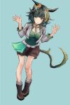  1girl animal_ears blush boots breasts brown_boots brown_shorts closed_mouth commentary_request ears_through_headwear full_body green_eyes green_hair green_vest hat horse_ears horse_girl horse_tail jacket kiseki_(miracle_author)_(umamusume) kiseki_(umamusume) large_breasts looking_at_viewer multicolored_hair shirt short_hair shorts simple_background smile solo streaked_hair tail umamusume vest white_jacket white_shirt white_streaks yanagi_wakana yellow_hat 