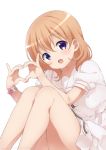  1girl :d bangs bare_legs bow bracelet brown_hair commentary_request dress eyebrows_visible_through_hair feet_out_of_frame gochuumon_wa_usagi_desu_ka? hair_between_eyes hands_up heart heart_hands highres hoto_cocoa jewelry knees_up long_hair looking_at_viewer neki_(wakiko) open_mouth puffy_short_sleeves puffy_sleeves purple_eyes sailor_collar sailor_dress short_sleeves smile solo striped striped_bow white_bow white_dress white_sailor_collar 