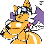  1:1 areola big_breasts bikini breasts chiropteran clothing female gloves handwear looking_at_viewer mammal pubes rouge_the_bat simple_background solo sonic_the_hedgehog_(series) swimwear thick_thighs wings xylas 