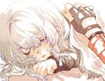  2girls 2koge_25 blush closed_eyes commentary_request fingerless_gloves gloves goddess_of_victory:_nikke hand_on_another's_shoulder highres jacket long_hair long_sleeves multiple_girls open_mouth red_hood_(nikke) red_jacket sleeping snow_white_(innocent_days)_(nikke) snow_white_(nikke) solo_focus white_hair zipper 