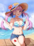  1girl :d absurdres bangs beach bikini blue_bikini blue_hair blue_sky blunt_bangs breasts cleavage cloud commentary_request denim denim_shorts eyebrows_visible_through_hair flower food hat hat_flower hat_ribbon highres holding holding_food hololive medium_breasts minato_aqua mountainous_horizon multicolored_hair navel ocean one_eye_closed open_mouth outdoors popsicle purple_eyes purple_hair ribbon short_shorts shorts sitting sky smile starfish striped striped_bikini sun_hat swimsuit taw_(993004677) thighs two-tone_hair unbuttoned upper_teeth virtual_youtuber wooden_bench 
