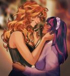  2girls :d aegyo_sal alternate_skin_color applying_another's_makeup applying_makeup bare_arms bare_shoulders black-framed_eyewear black_camisole black_hair black_nails blonde_hair blue_eyes blunt_bangs blunt_ends blurry blurry_background breasts brown_background camisole cheek_tattoo cleavage commentary cutie_mark dark-skinned_female dark_skin double-parted_bangs earrings english_commentary eye_contact eyelashes from_side glasses grin hair_between_eyes hairband hand_on_another's_cheek hand_on_another's_face hand_on_another's_waist hands_up holding jewelry kouxhii long_hair long_sleeves looking_at_another looking_down looking_up multicolored_hair multiple_girls my_little_pony my_little_pony:_equestria_girls my_little_pony:_friendship_is_magic nail_polish orange_hair outdoors parted_lips pink_hair plaid_hairband profile puffy_long_sleeves puffy_sleeves purple_eyes purple_hairband purple_sweater realistic sci-twi silver_earrings simple_background small_breasts smile sparkle straight_hair streaked_hair sunset_shimmer sunset_shimmer_(human) sweater tattoo thick_eyebrows twilight_sparkle twitter_username two-tone_hair upper_body vignetting wavy_hair 