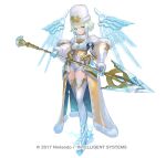  1girl blonde_hair blue_eyes breasts brooch cape capelet commentary_request copyright_notice earrings emblem fire_emblem fire_emblem_heroes fjorm_(fire_emblem) fjorm_(icy_miracle)_(fire_emblem) fur-trimmed_cape fur_hat fur_trim gloves green_eyes hat holding holding_polearm holding_weapon ice ice_skates ice_wings jewelry looking_at_viewer maeshima_shigeki medium_breasts multicolored_hair official_alternate_costume official_art polearm short_hair short_hair_with_long_locks skates smile solo tachi-e thighhighs weapon white_capelet wings 