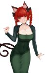  1girl absurdres animal_ears black_choker bow braid breasts cat_ears cat_girl cat_tail choker cleavage closed_mouth commentary_request cowboy_shot dress green_dress green_shrug hair_bow half-closed_eyes highres kaenbyou_rin korean_commentary large_breasts looking_at_viewer multiple_tails red_eyes red_hair red_nails shrug_(clothing) simple_background smile solo son_(c100011) spaghetti_strap tail tight_clothes tight_dress touhou twin_braids two_tails white_background 