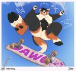 anthro barbell_piercing black_body black_fur black_pawpads bovid bovine broken_horn brown_body brown_fur canid canine canis cattle curved_horn dewclaw_hooves domestic_dog eyes_closed facial_piercing fangs fur hi_res hooves horn hybrid low-angle_view male mammal nipple_barbell nipple_piercing nipples nose_piercing nose_ring nude open_mouth open_smile pawpads paws piercing ring_piercing roseonapot skateboard slightly_chubby slightly_chubby_anthro slightly_chubby_male smile teeth tongue tongue_out vehicle white_body white_fur