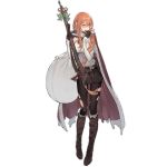  1girl alternate_costume asymmetrical_hair blush boots braid breasts cape duoyuanjun embarrassed full_body girls_frontline gloves green_eyes gun hair_between_eyes hair_ornament hair_over_shoulder large_breasts long_hair m1903_springfield m1903_springfield_(girls_frontline) official_art orange_hair pantyhose simple_background single_braid smile solo sweatdrop torn_clothes torn_legwear transparent_background weapon 