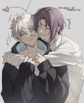  2boys black_hoodie blue_lock cheek-to-cheek grey_background hand_in_another's_hair hand_on_another's_head hands_on_another's_arm heads_together heart highres hood hood_down hoodie hug long_sleeves mikage_reo moonlight_121 multiple_boys nagi_seishirou purple_hair ruffling_hair shirt short_hair simple_background smile speech_bubble teeth white_hair white_shirt yaoi 