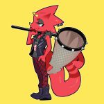  1:1 2020 animal_crossing anthro blue_eyes boots chameleon choker clothed clothing digital_media_(artwork) eyelashes flick_(animal_crossing) footwear half-closed_eyes hi_res holding_object horn jacket jewelry leather leather_jacket lizard male narrowed_eyes necklace net nintendo piercing pose red_body reptile roxoah scalie simple_background solo topwear video_games 