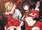  2girls akatsuki_kirika armpits bangs belt black_belt black_hair blonde_hair blunt_bangs blush bow breasts christmas commentary_request elbow_gloves eyebrows_visible_through_hair gloves green_eyes hair_ornament highres holding_bell long_hair looking_at_viewer medium_breasts multiple_girls navel niyu_n_iyun open_mouth pink_eyes red_bow red_gloves red_headwear red_neckwear santa_costume senki_zesshou_symphogear shiny shiny_hair short_hair small_breasts smile tsukuyomi_shirabe twintails upper_teeth white_gloves 