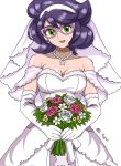  1girl alternate_costume artist_name big_hair breasts bridal_veil collarbone dress earrings elbow_gloves glasses gloves green_eyes highres jewelry l_toffoli large_breasts mature_female necklace pearl_earrings pearl_necklace pink-framed_eyewear pokemon pokemon_sm purple_hair short_hair solo star_(symbol) star_necklace twitter_username upper_body veil wedding_dress white_gloves wicke_(pokemon) 